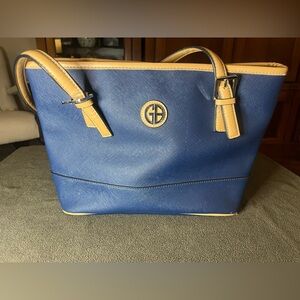 Giani Bernini Blue & Tan Tote Bag Faux Leather Structured Handbag